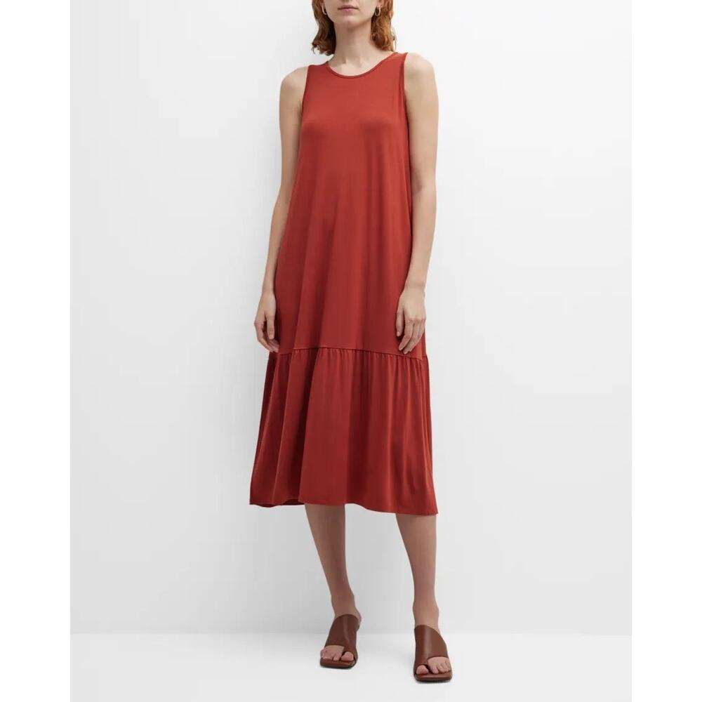 Eileen Fisher Fine Jersey Tiered Sleeveless Tank Midi Dress Picante Red‎ Size XS
